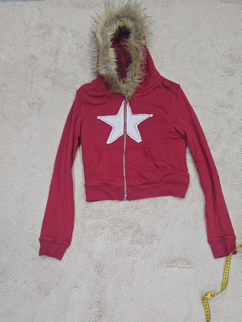 Urban Outfitters Red Zip Hoodie with Faux-Fur Trimmed Hood and White Star